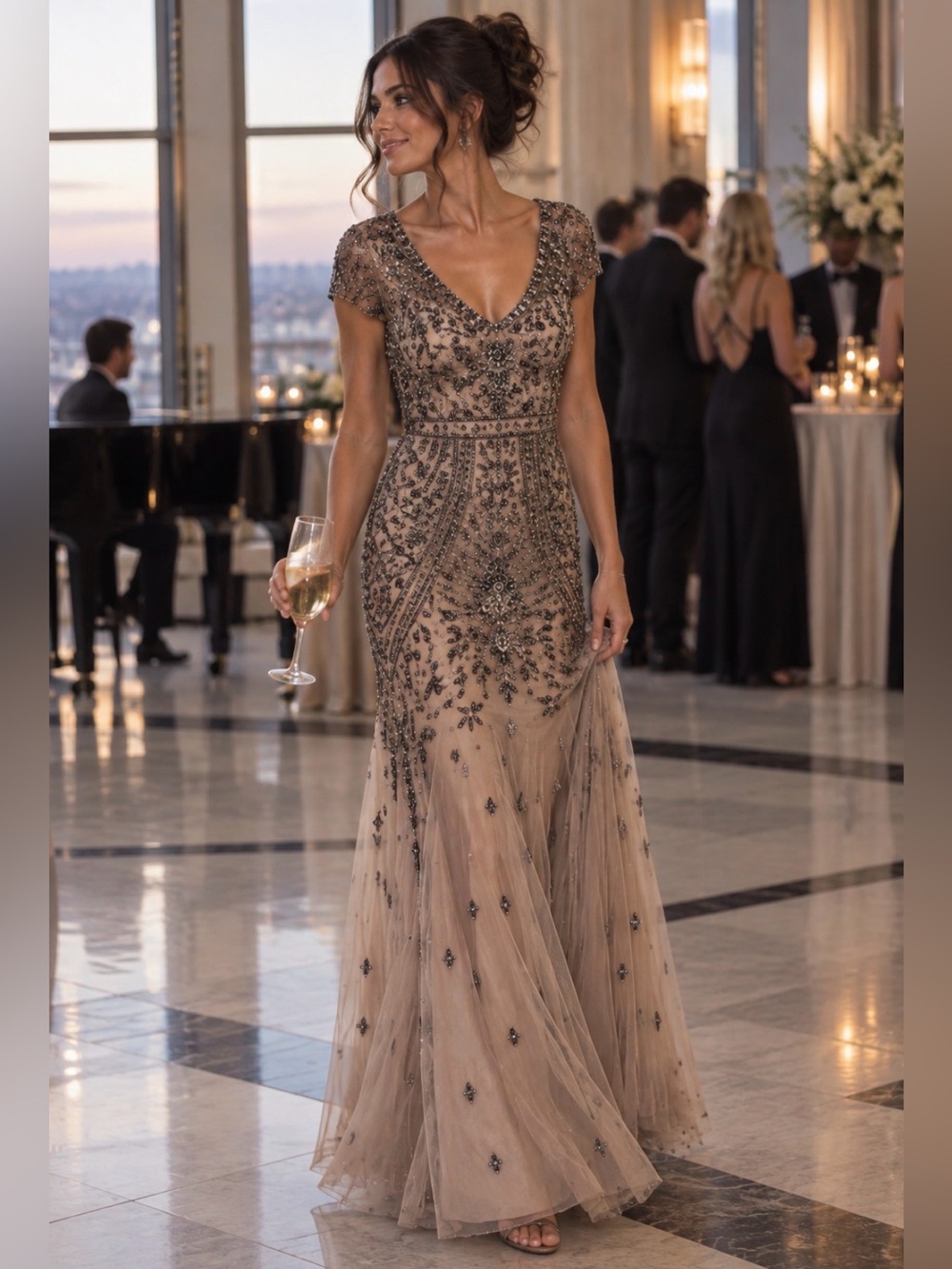 Oleg Cassini Gatsby Beaded & Sequin Mesh Evening Gown - Taupe Size 6